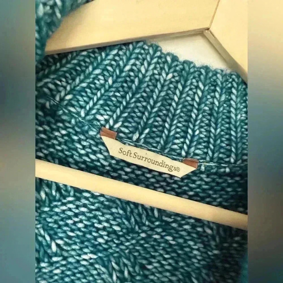 Soft Surroundings Women's Teal 1/4 Zip Aran Cable Knit Sweater Size M Wool Blend - Picture 7 of 10